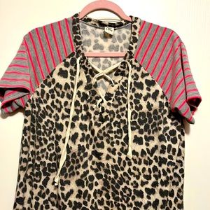 Animal print short sleeve shirt with neon pink stripes